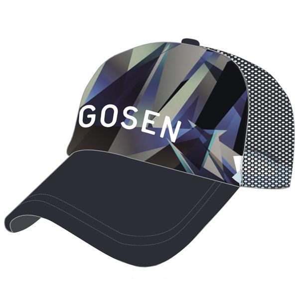 Baseball cap with a geometric abstract pattern on the front panel and a black brim, mesh back panels visible.