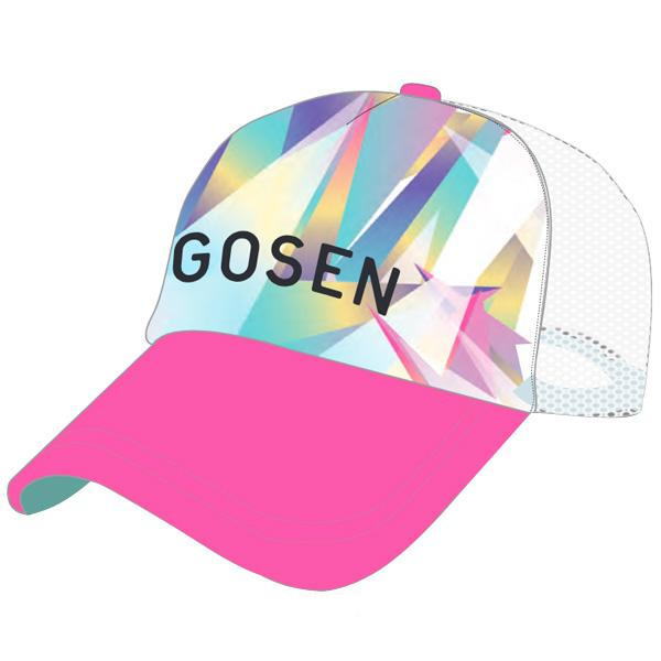 Bright pink baseball cap with a multicolored geometric front and white mesh back, featuring the word 'GOSEN'.