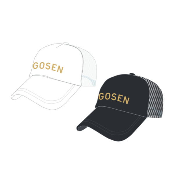 Two GOSEN baseball caps, white with gold lettering and mesh back, and black with gold lettering and dotted back.
