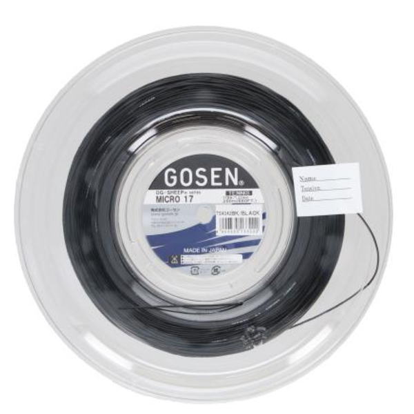 Spool of black Gosen Micro 17 fishing line wound on a clear plastic reel with a label showing brand name GOSEN and product details