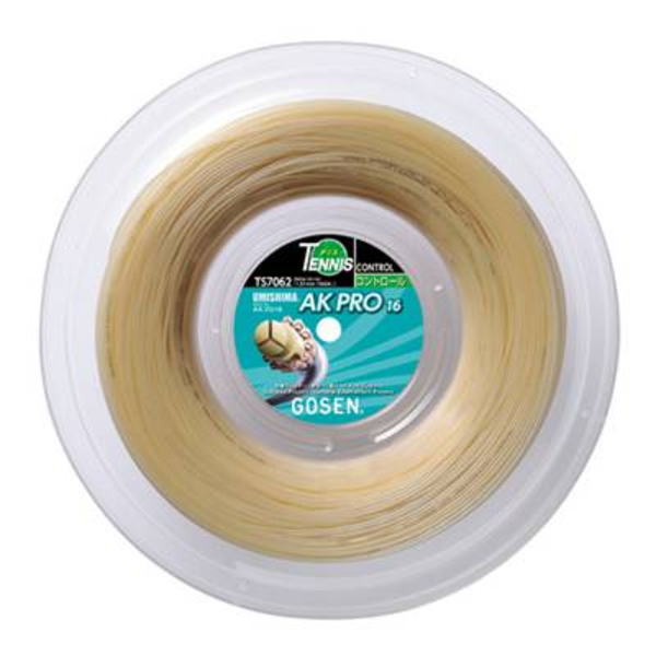 Top-down view of a transparent spool of light brown tennis string with a blue label that reads AK PRO 16 (GOSEN).