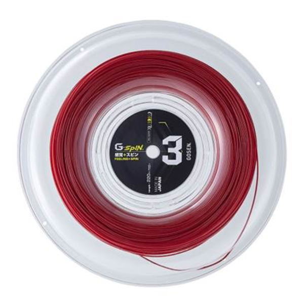 Red fishing line wound on a white spool with a dark center label.