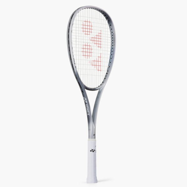 Yonex tennis racquet with a white grip and red string pattern against a white background used for playing tennis (informative product image)