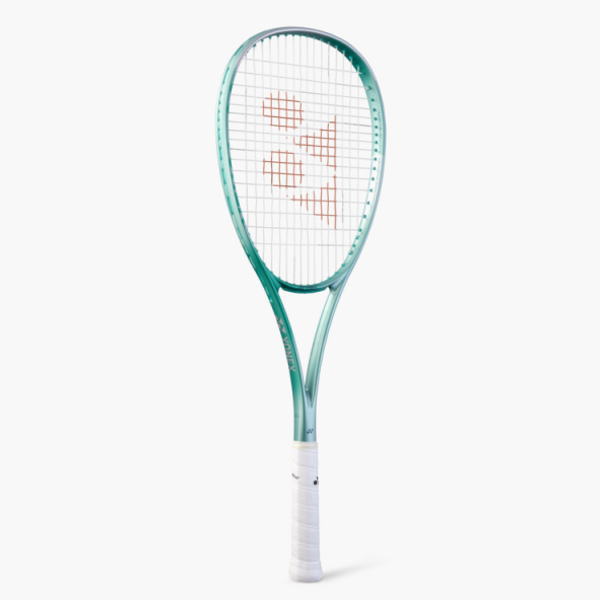 Teal tennis racket with a white grip standing upright against a white background.
