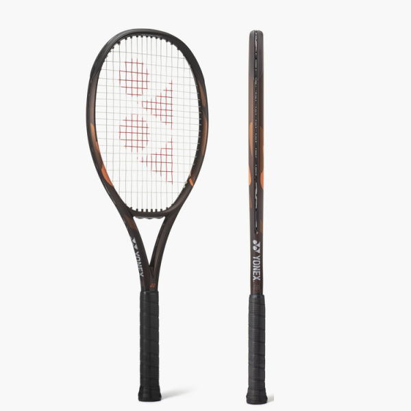 Yonex tennis racket with a black and orange frame shown from front and side, grip visible at bottom