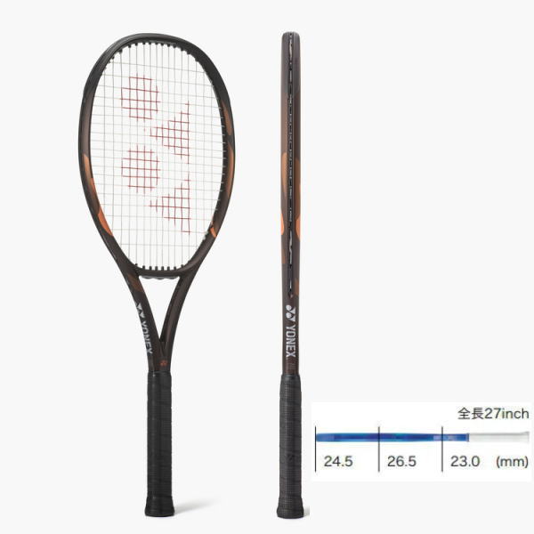 Yonex tennis racket in black and orange shown from front and side with grip wrapped, next to a length measurement graphic (27 inches).