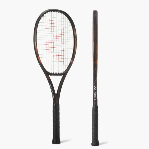 Yonex tennis racket with black frame, orange accents and red strings, shown from front and side.