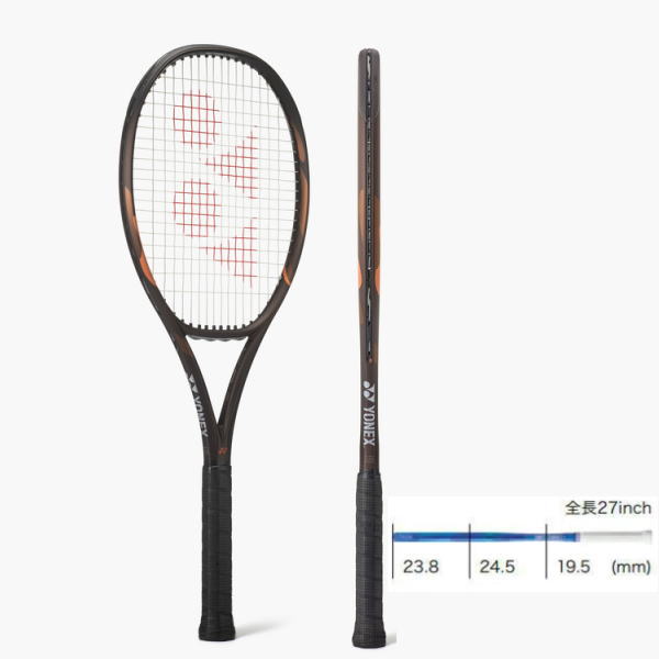 Yonex tennis racket with a black‑orange frame and red strings, shown front and side with a 27-inch length marker.
