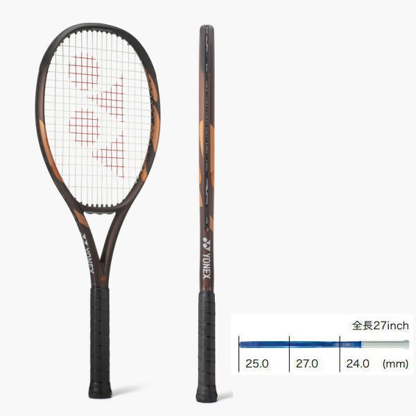 Yonex tennis racket with orange-black frame shown from front and side, plus a size guide noting 27-inch length and grip sizes 25, 27, 24 mm.