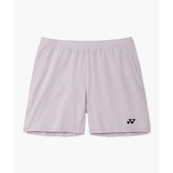 Light purple athletic shorts with an elastic waistband, side pockets, and a small black logo on the lower right leg.