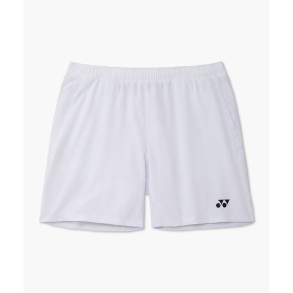 White athletic shorts with an elastic waistband and a small black logo on the lower right leg (front view). They appear to be lightweight running shorts with a loose fit.