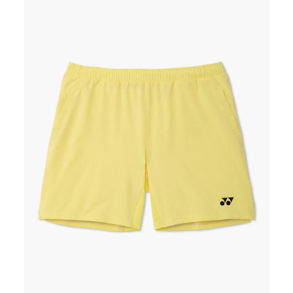 Yellow elastic-waist athletic shorts with side pockets and a small black logo on the lower right leg.