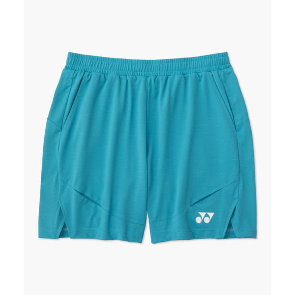 Turquoise athletic shorts with an elastic waistband, side pockets, and a small white logo on the lower right leg as a product image.
