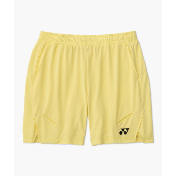 Bright yellow athletic shorts with an elastic waistband and side pockets, featuring a small black logo on the lower right leg.