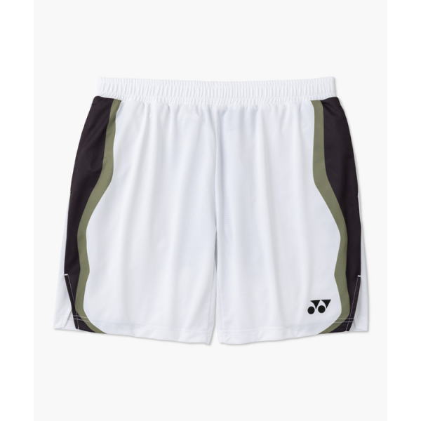 White athletic shorts with black side panels and olive curved stripes along the sides; elastic waistband and a small logo at the bottom right.