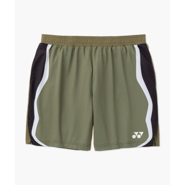 Olive green athletic shorts with black side panels and white piping, logo near hem on right leg.