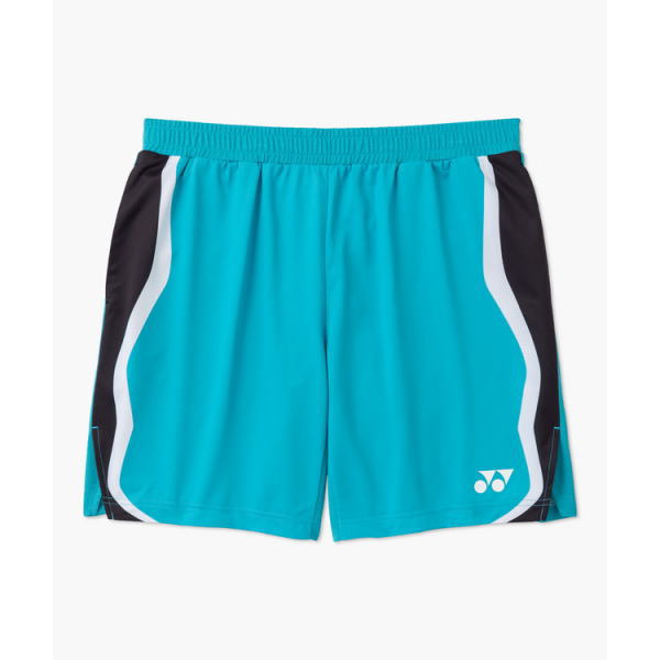 Turquoise athletic shorts with black side panels, white piping, elastic waistband, logo on the lower right leg.