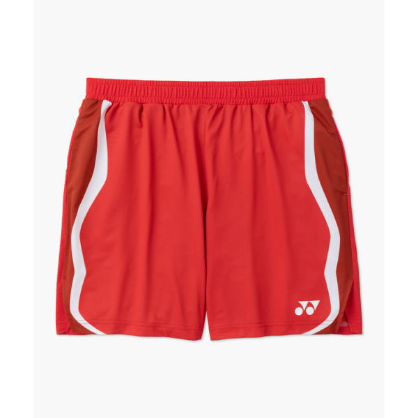Red athletic shorts with white curved side stripes and a small white logo on the front-right leg area