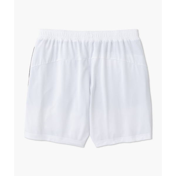 Back view of white athletic shorts with an elastic waistband.