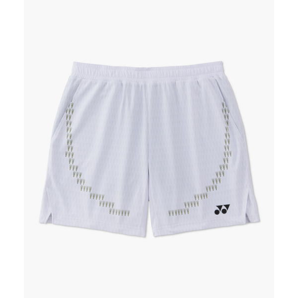 White athletic shorts with a subtle curved perforated pattern on each leg and a small black Yonex logo at the lower right.”