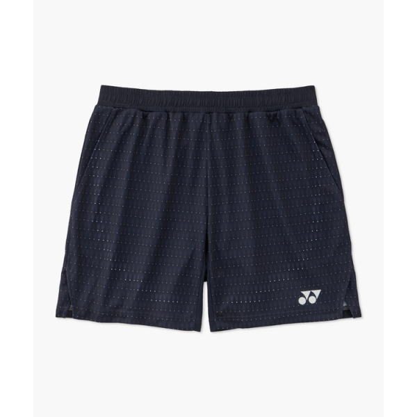 Navy athletic shorts with a dotted pattern and an elastic waistband, featuring a small white brand logo on the lower right leg.