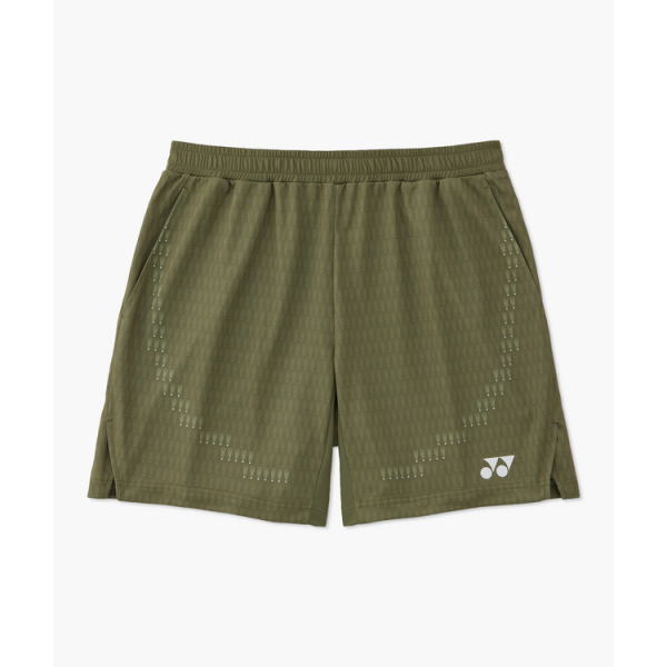 Olive green athletic shorts with a subtle perforated chevron pattern along the sides and a small white logo at the bottom-right.