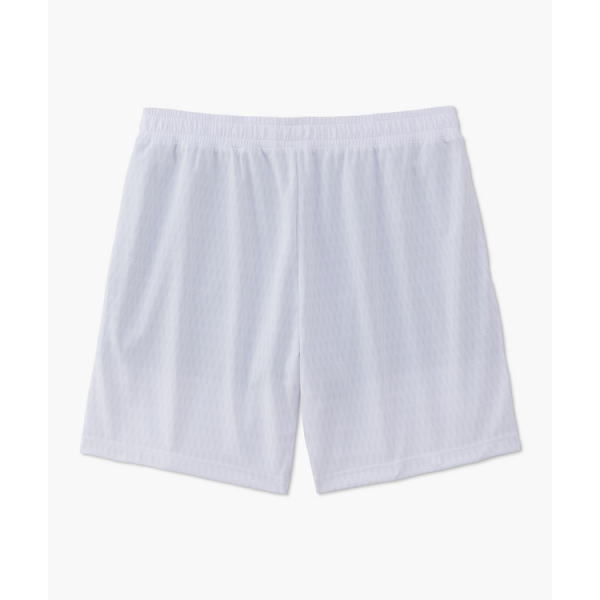 White athletic shorts with an elastic waistband and a relaxed fit on a light background
