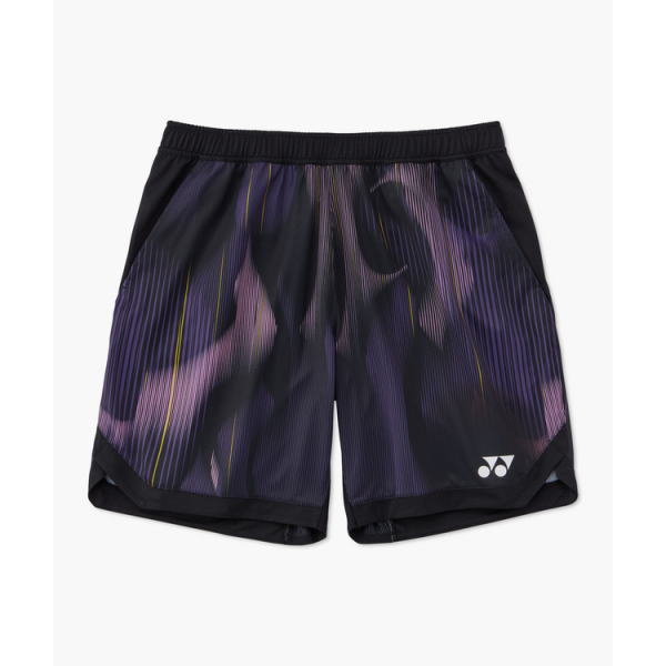 Athletic shorts in black and purple with an abstract striped pattern and a white Yonex logo on the right leg.