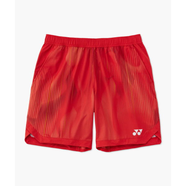 Red athletic shorts with translucent striped panels and a white logo near the bottom of the right leg.