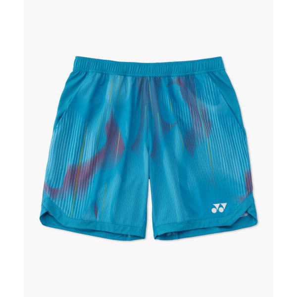 Blue athletic shorts with a colorful abstract pattern and a small white logo near the hem on one leg (elastic waistband).