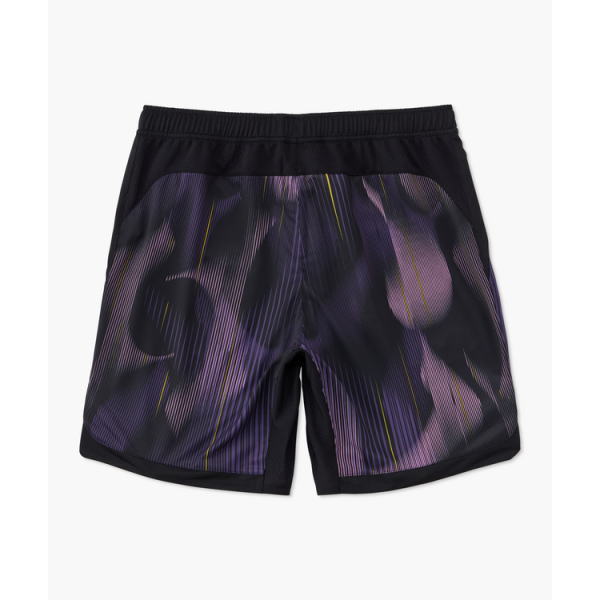 Athletic shorts with elastic waistband in black and purple abstract pattern.
