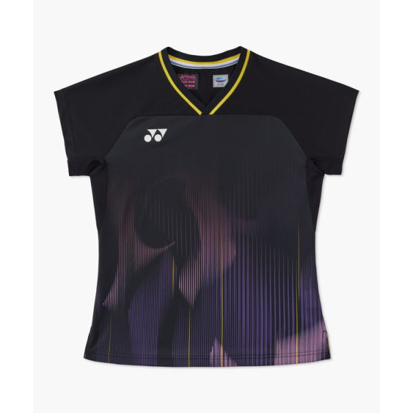 Black women's short-sleeve sport top with a yellow-trim V-neck, featuring a purple gradient front design and a Yonex logo on the left chest.