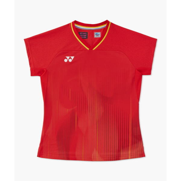 Red short-sleeve athletic shirt with a yellow-trimmed V-neck, subtle vertical stripes, and a white Yonex logo on the left chest.