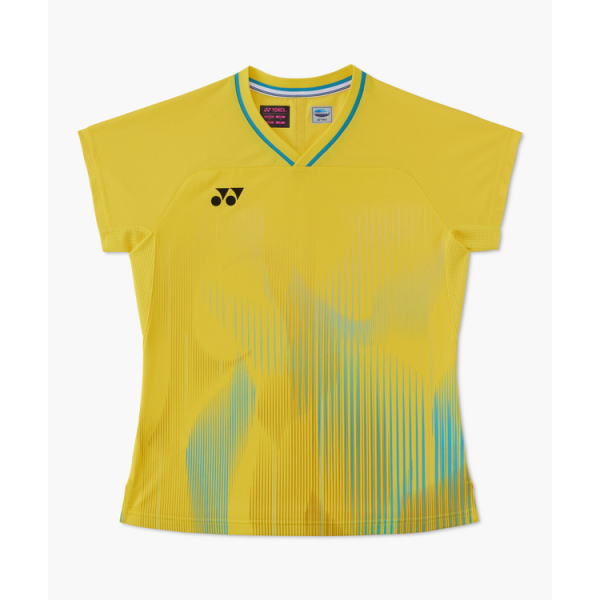 Yellow athletic shirt with blue trim at the collar and vertical blue-green stripes, featuring a black Yonex logo on the left chest (informational product image).