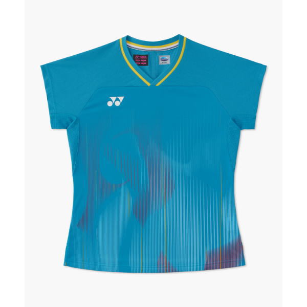 Bright blue short-sleeve athletic shirt with yellow V-neck trim and subtle vertical stripes; Yonex logo on the left chest.
