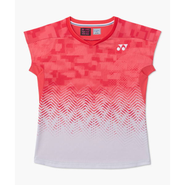 Red-pink gradient short-sleeve athletic shirt with a white zigzag/chevron pattern at the lower half and a Yonex logo on the chest.