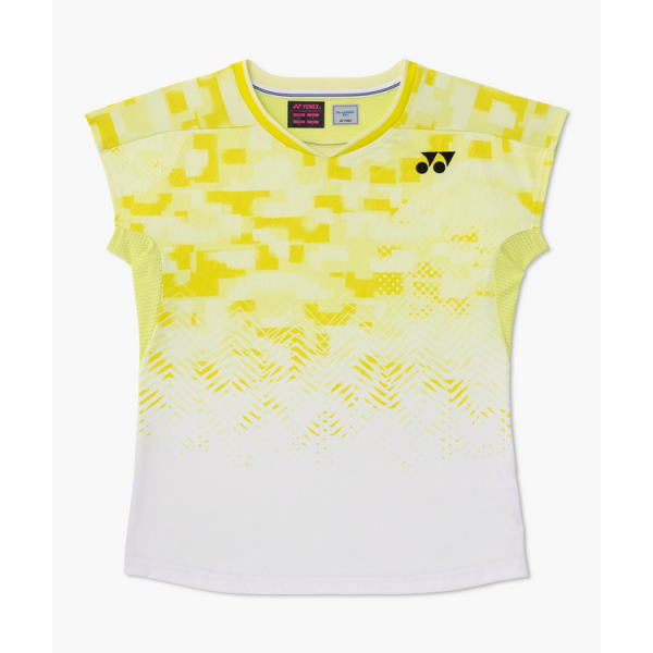 Bright yellow athletic jersey with a gradient to white at the bottom, featuring an abstract pixel-like pattern and a Yonex logo on the chest for a badminton/tennis shirt. worn-in style short sleeves.