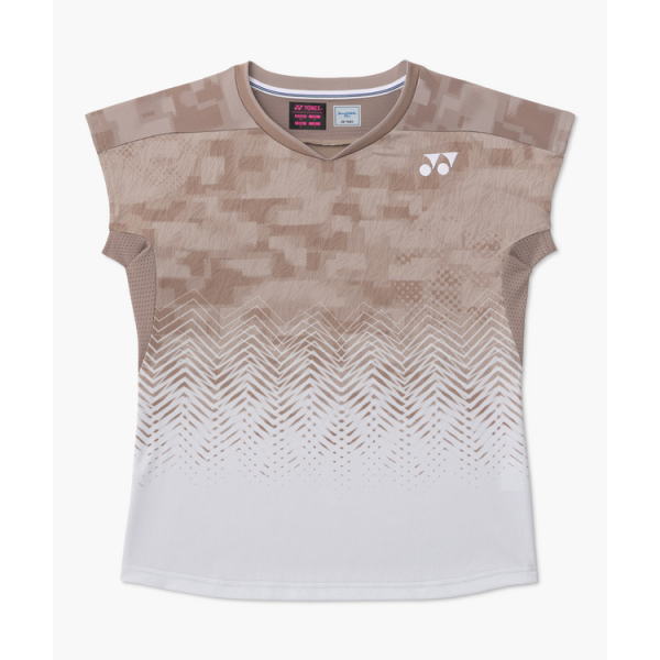Beige-brown gradient athletic shirt with a pixel camo pattern and white chevron fade at the bottom, Yonex logo on the chest.