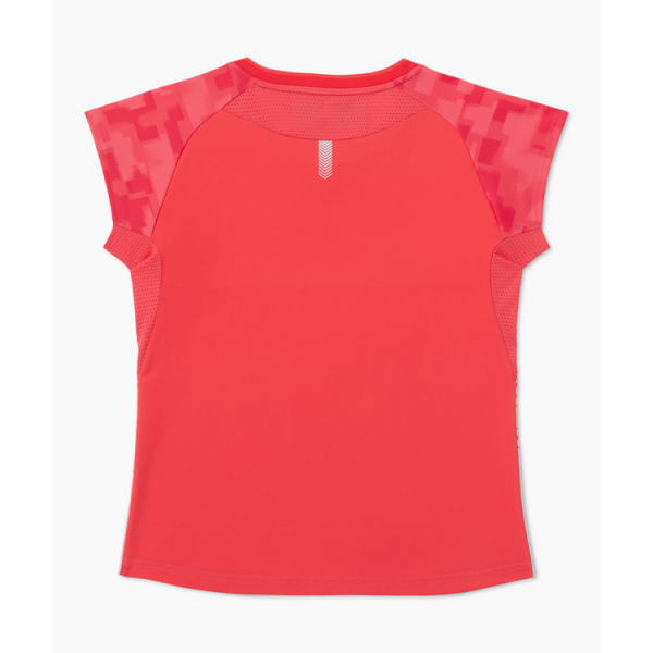 Red athletic top with pink patterned shoulder panels, back view.