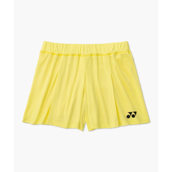 Yellow athletic shorts with an elastic waistband, laid flat on a white background, featuring a small black logo near the bottom right hem.