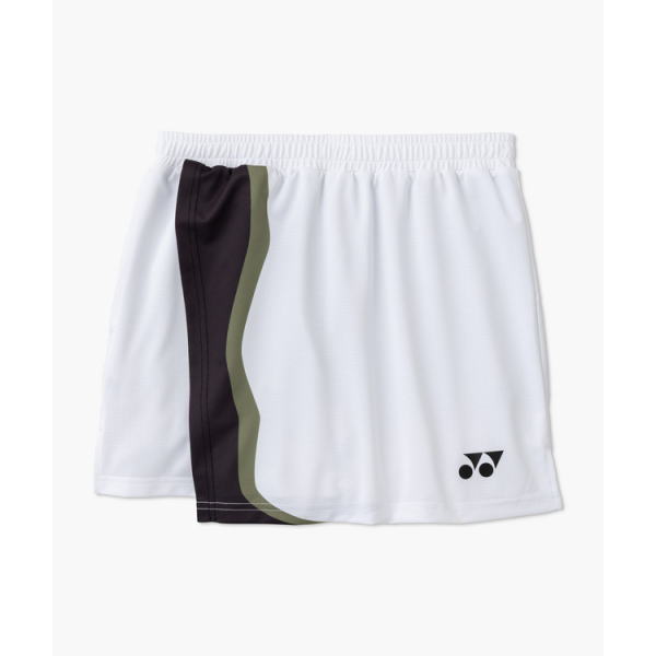White shorts with an elastic waistband, featuring a vertical black and olive side stripe and a small black logo near the hem on the right.