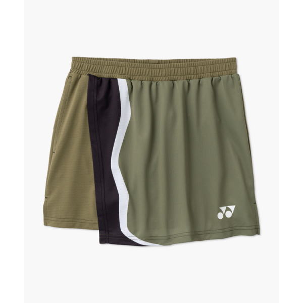Olive green athletic shorts with a tan left panel, a black-purple stripe, white curved trim, elastic waistband, and a small white brand logo at the lower right.