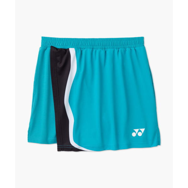 Turquoise athletic shorts with a black and white side panel and elastic waistband; Yonex logo bottom right.