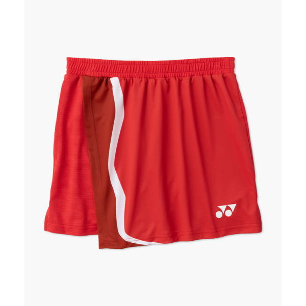 Red athletic shorts with a white stripe along the side and a small white logo at the lower left hem.