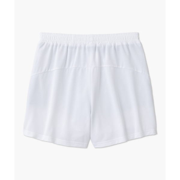White athletic shorts with an elastic waistband, back view against a white background.