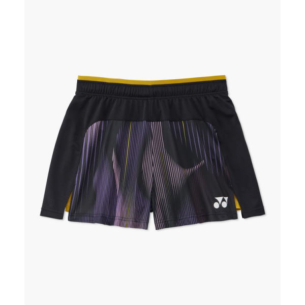 Black athletic shorts with a multicolored striped front panel, yellow waistband trim, and a white Yonex logo on the right leg.