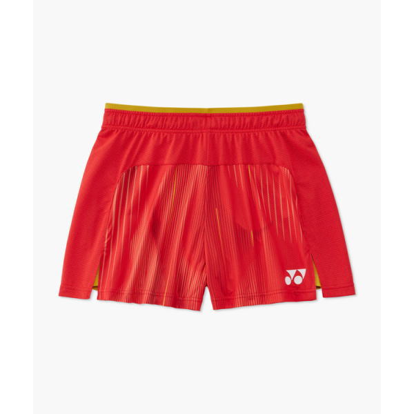 Red athletic shorts with a yellow waistband and subtle vertical stripe pattern, featuring a small white logo on the lower right leg.