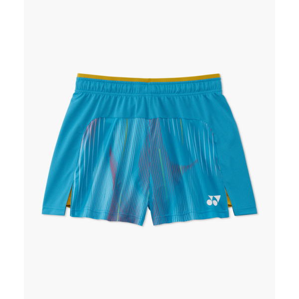 Blue athletic shorts with a yellow waistband, shown from the back, featuring a multicolored striped graphic and a small white logo at the lower right edge.
