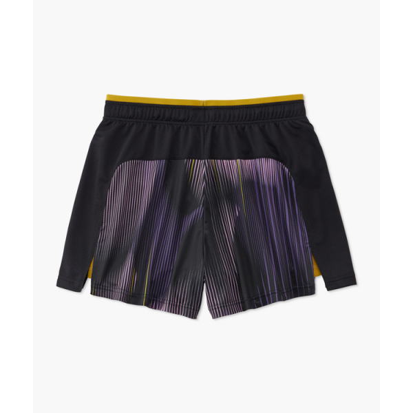 Back view of black athletic shorts with a purple striped panel, elastic waistband, and yellow trim at the waist and leg openings.