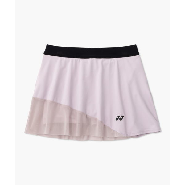 Light pink athletic skirt with a black elastic waistband and a sheer layered hem, featuring a small Yonex logo on the bottom right.